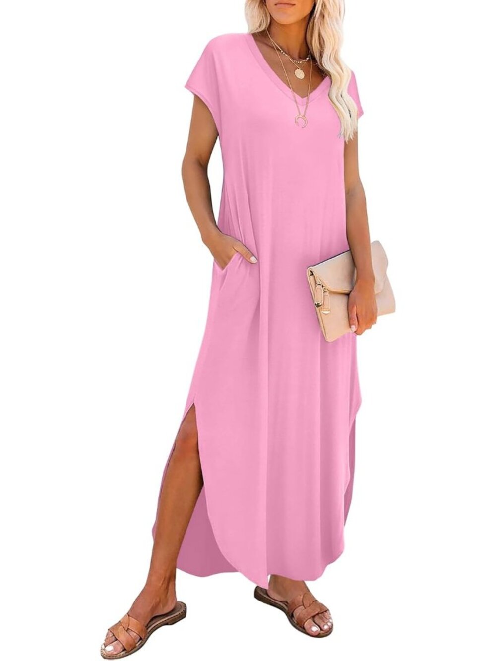 Women's Pink Pull Over V-Neck Cap Sleeve Casual Long Maxi Sundress With Pockets